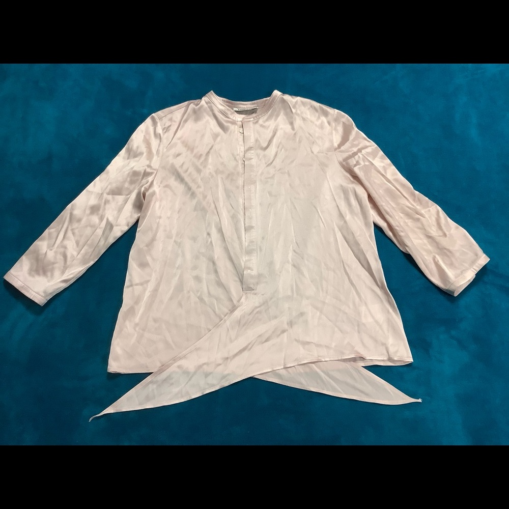 Max & Moi satin silk blush pink button up tie blouse
